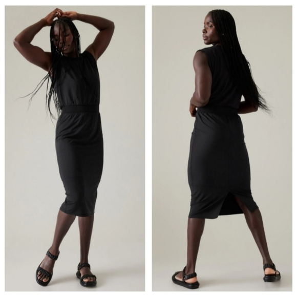 Athleta Santorini Cinch Dress Black Soft Stretchy Jersey Knit Modal Athleisure S - Picture 2 of 13